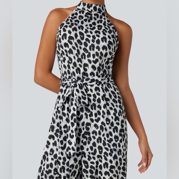 Halter Sleeveless Belted Leopard Party Jumpsuit with Pockets - Picture 3 of 7